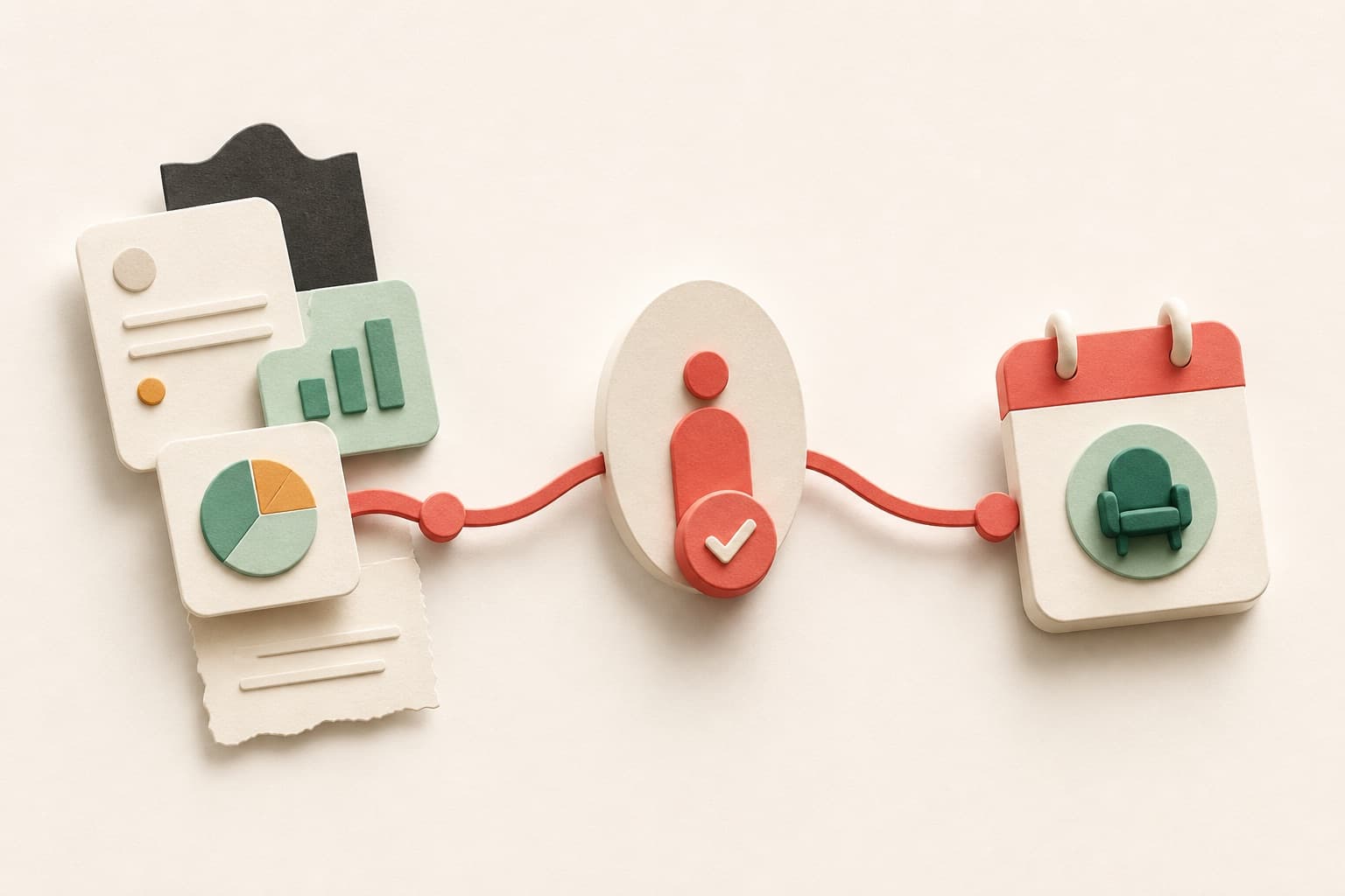 Business evidence passes through an approval step and becomes a calendar meeting.